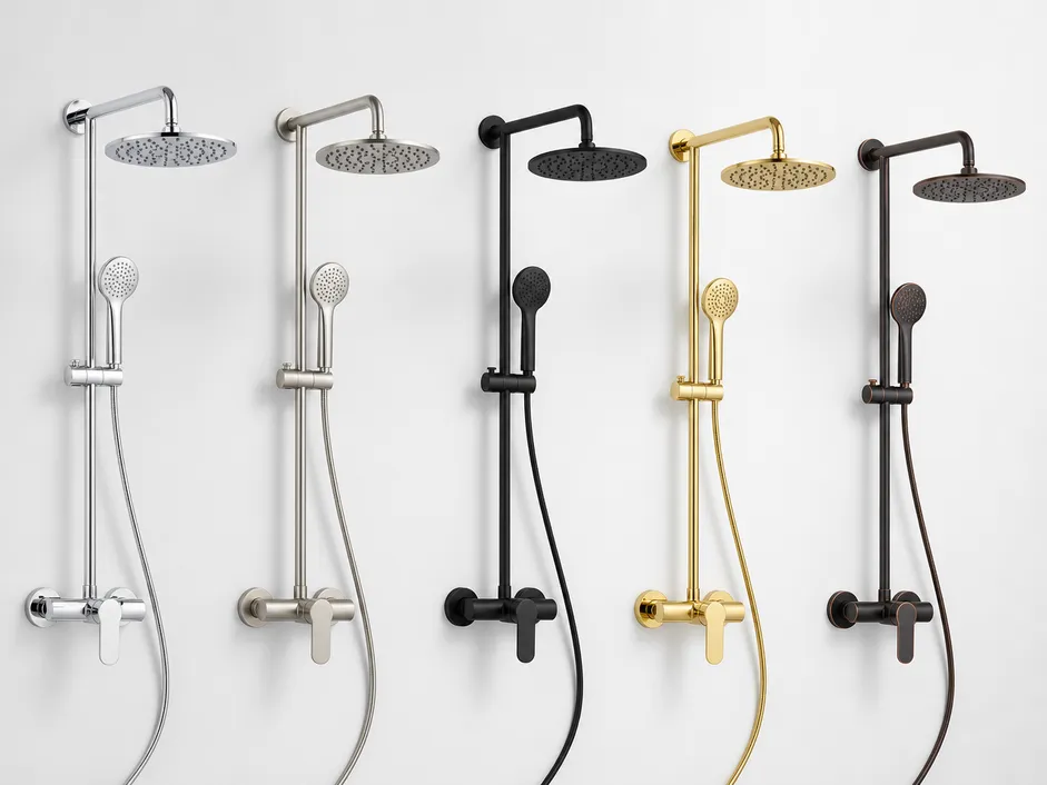 Five wall mount shower faucet finishes side by side: chrome, brushed nickel, matte black, PVD gold, oil-rubbed bronze