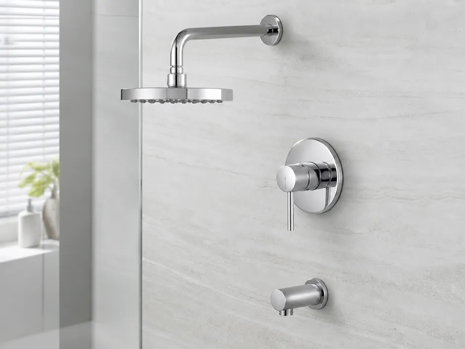 OEM wall mount shower faucet with custom handle and trim plate configuration