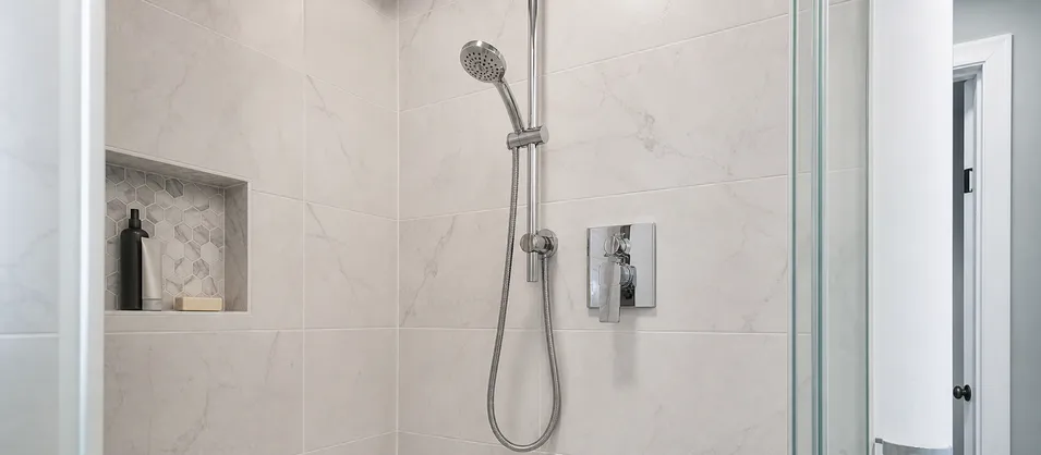Wall mount shower valve installed in residential renovation bathroom