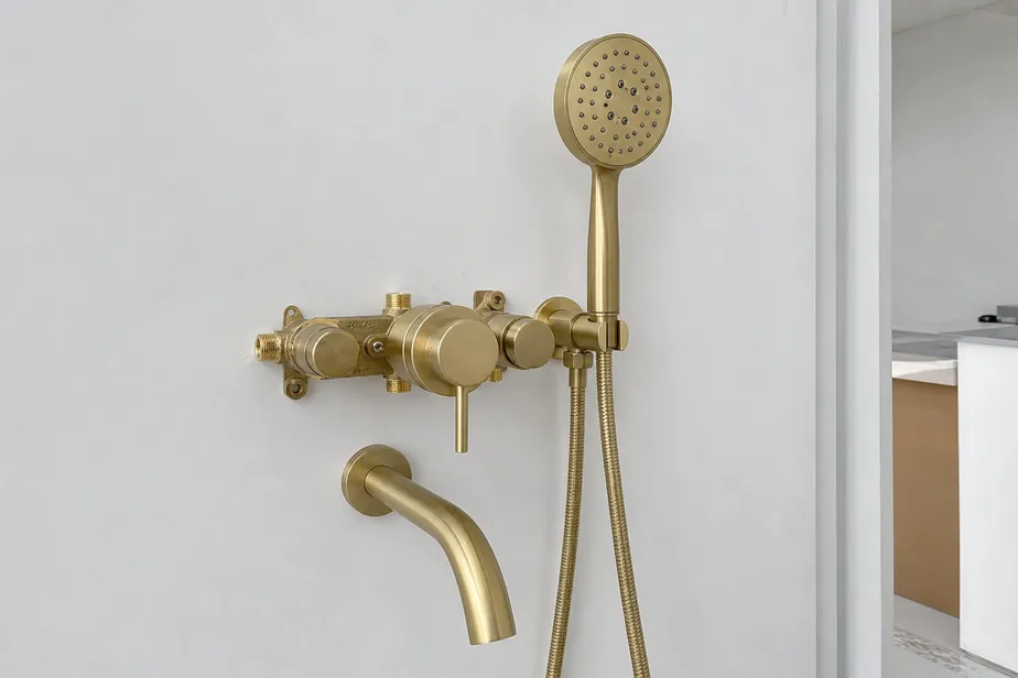 Exposed wall-mount shower faucet assembly with brass valve body and brushed gold finish