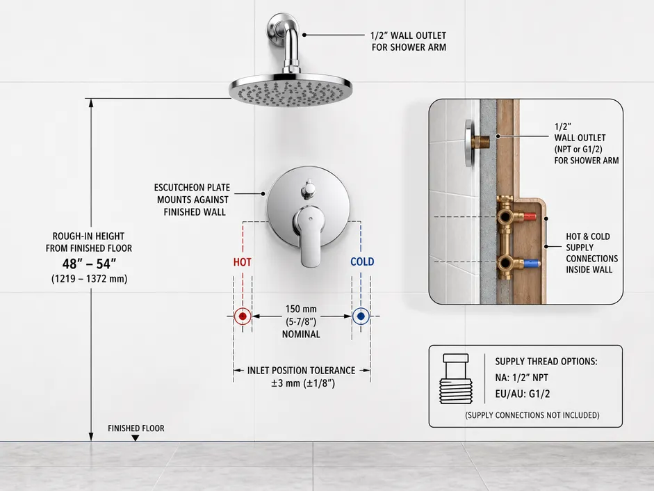 Wall mount shower faucet installation diagram showing rough-in height, supply connection positions, and escutcheon plate mounting