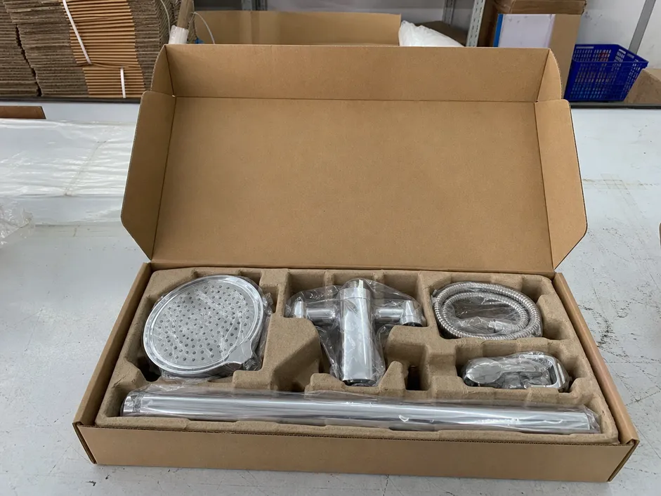 Wall mount shower faucet carton packaging with molded pulp inner packaging