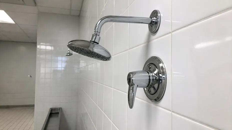 Wall mount shower faucet installed in a commercial shower room — exposed valve body and shower arm on tiled wall