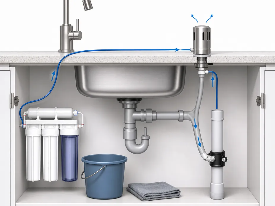 Diagram showing air gap faucet installation with supply tube, drain tube routing, and drain saddle connection