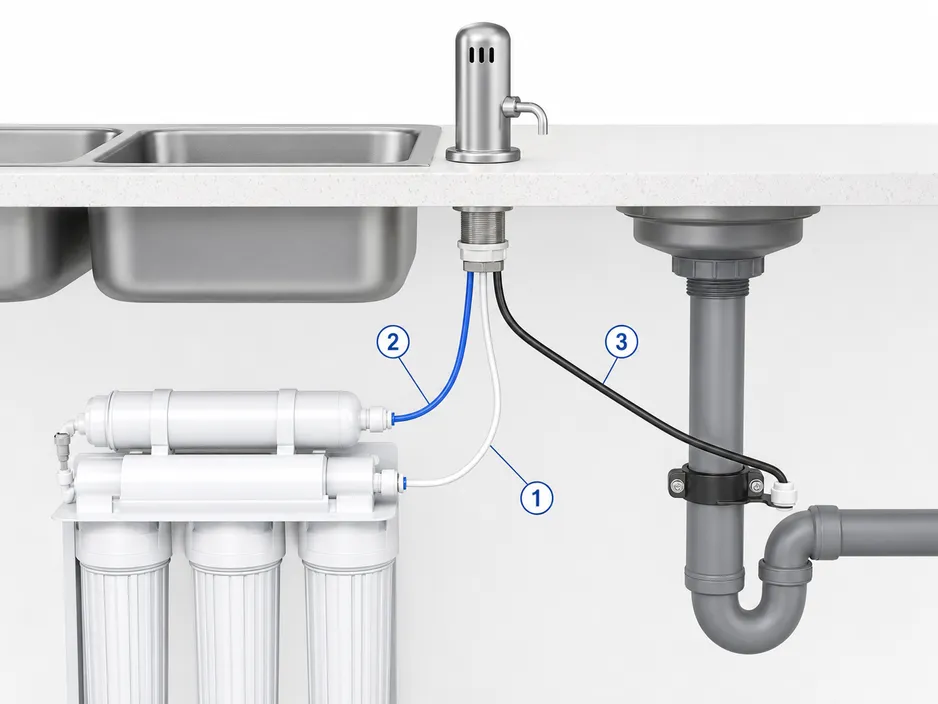 Air gap RO faucet installation diagram showing three-tube connection routing