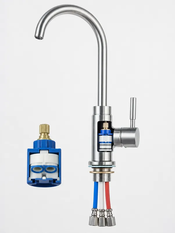 Air gap RO faucet showing three-tube body construction and ceramic disc cartridge