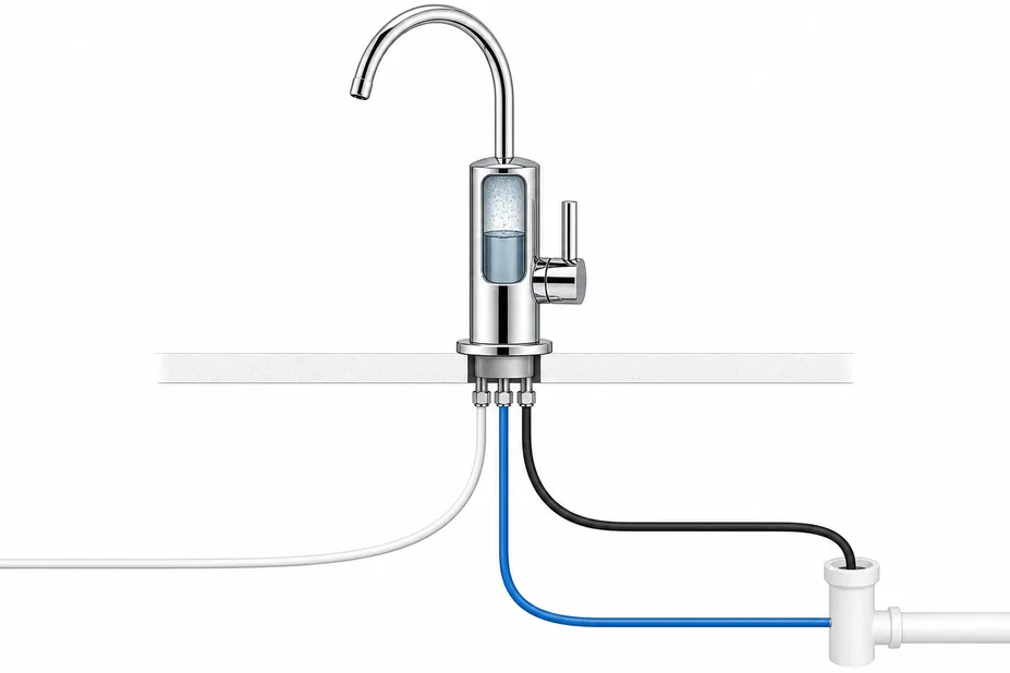 Diagram showing three-tube air gap RO faucet configuration: supply, filtered water, and drain tubes
