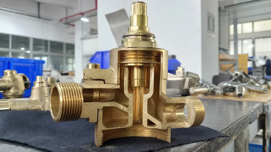 Air gap RO faucet brass body showing three-channel internal casting geometry