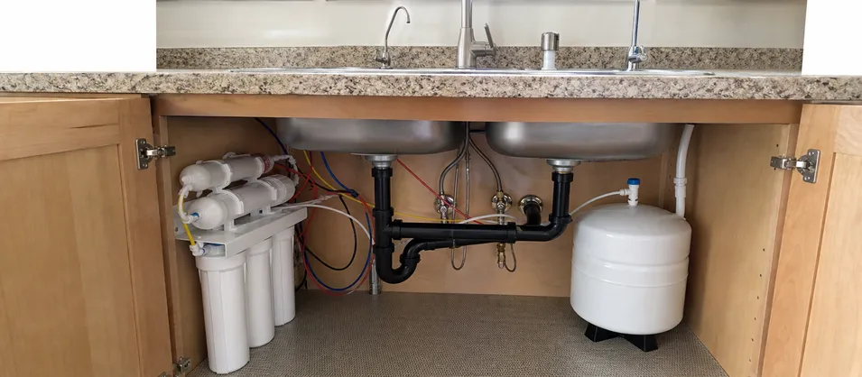 North American residential RO system under-sink installation with air gap faucet