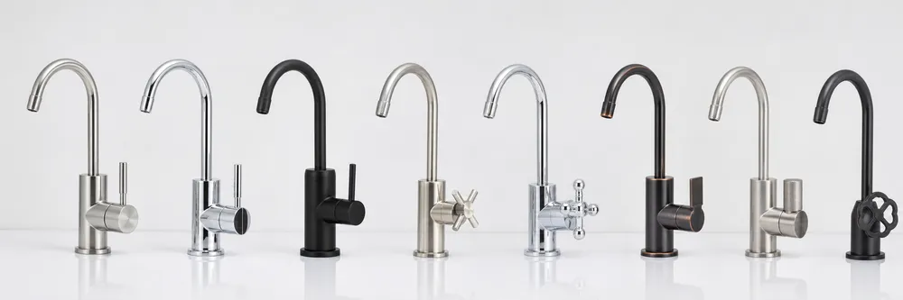 Air gap RO faucet OEM customization options showing multiple finishes and handle styles