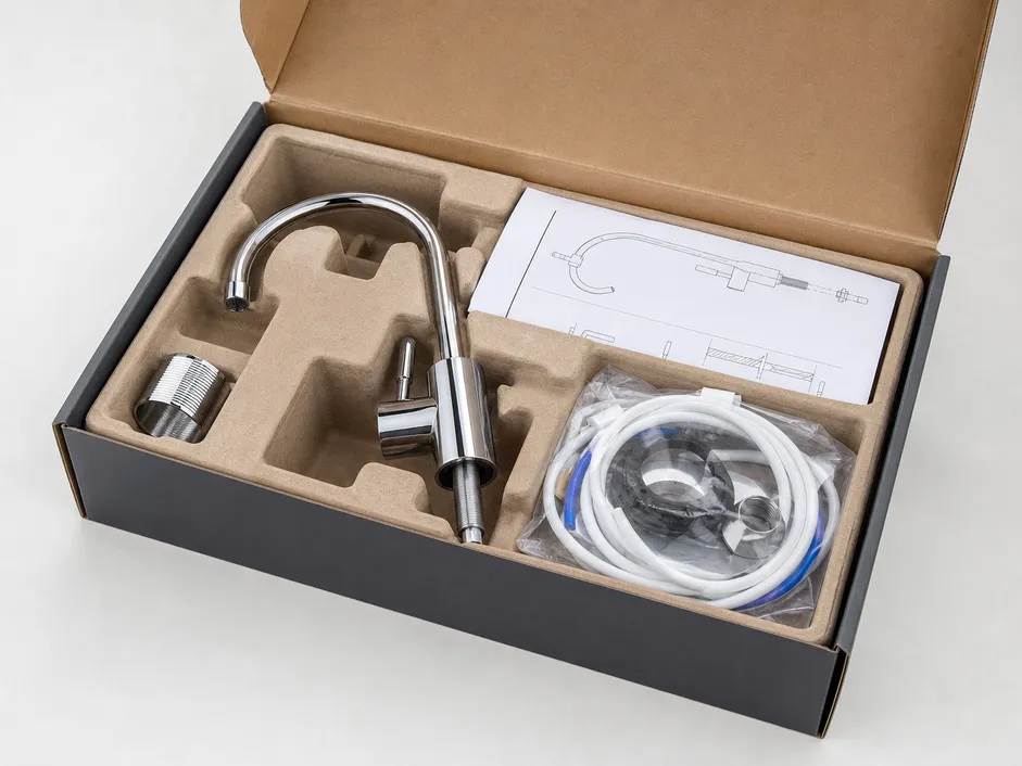 Air gap RO faucet retail-ready carton with molded pulp insert, hardware bag, and instruction sheet