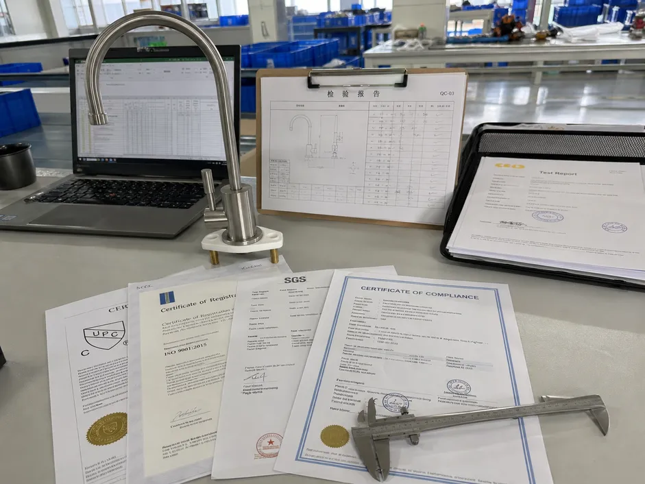 Air gap RO faucet QC documentation and certification reports including cUPC and ISO 9001