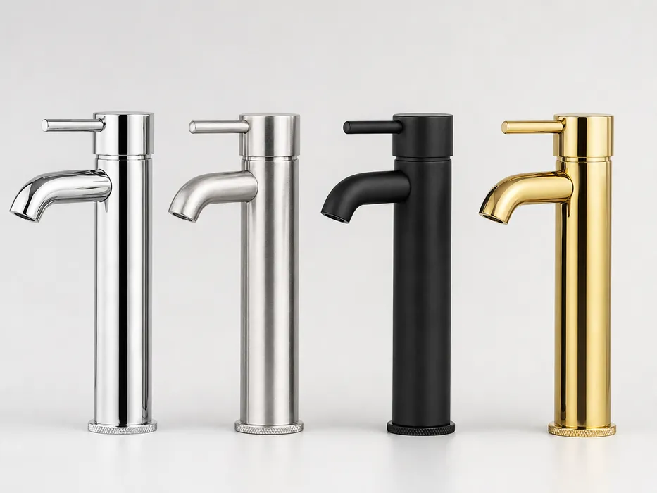Beverage faucet finish options — chrome, brushed nickel, PVD matte black, and PVD gold side by side