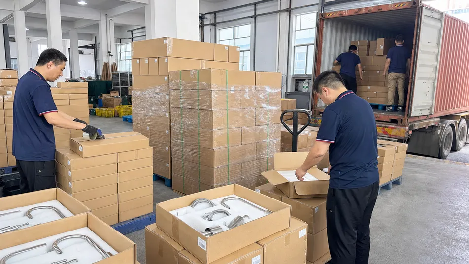 Brushed water filter faucet retail packaging and container loading preparation