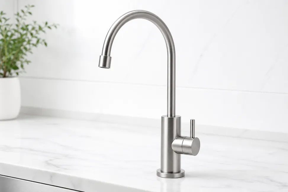 Brushed nickel filter faucet product photography for Amazon and e-commerce — premium finish conversion
