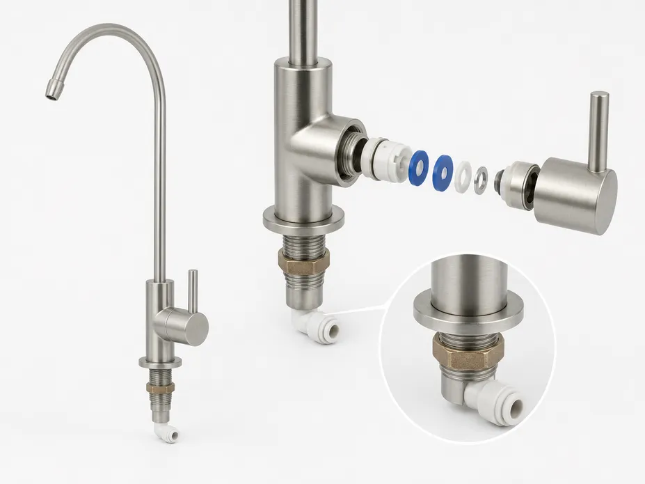 Brushed nickel water filter faucet showing ceramic disc valve and quarter-inch push-fit inlet connection
