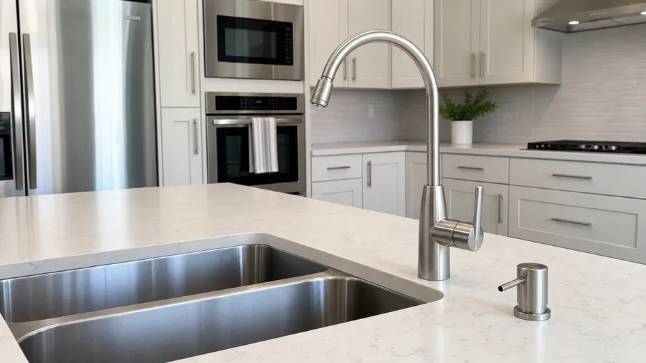 Brushed nickel filter faucet coordinating with kitchen hardware — handles, cabinet pulls, and appliances