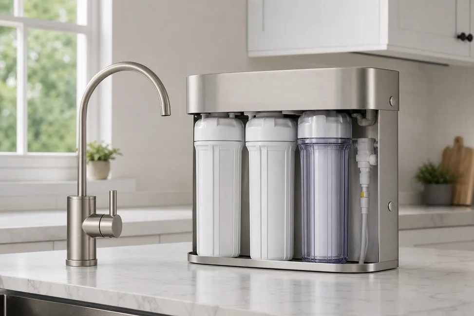 Brushed nickel RO faucet matched with RO system housing — OEM bundle with coordinated finish