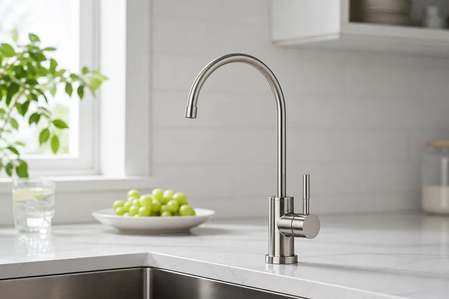 Brushed nickel water filter faucet on kitchen countertop — Wfaucet