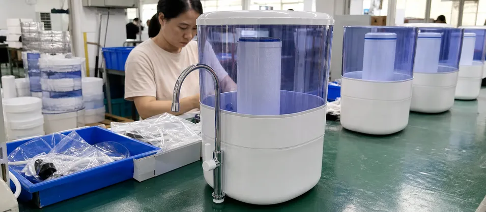 Countertop gravity filter system with matched drinking water faucet for OEM assembly
