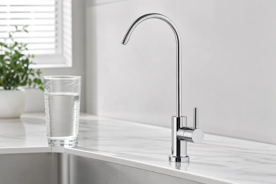 Drinking water faucet with lead-free brass body and ceramic disc cartridge, suitable for gravity-fed and low-pressure countertop filter systems
