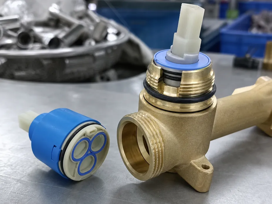 Close-up of drinking water faucet ceramic disc cartridge and lead-free brass body construction detail