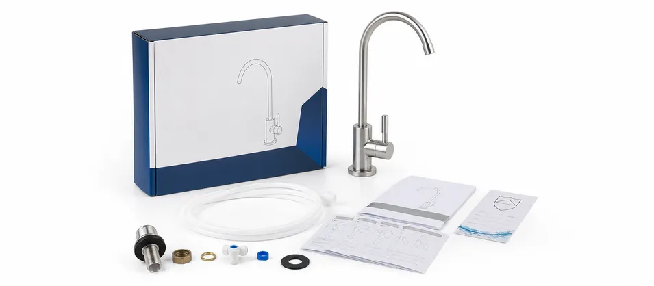 Drinking water faucet retail packaging for e-commerce and specialty home water filtration sellers