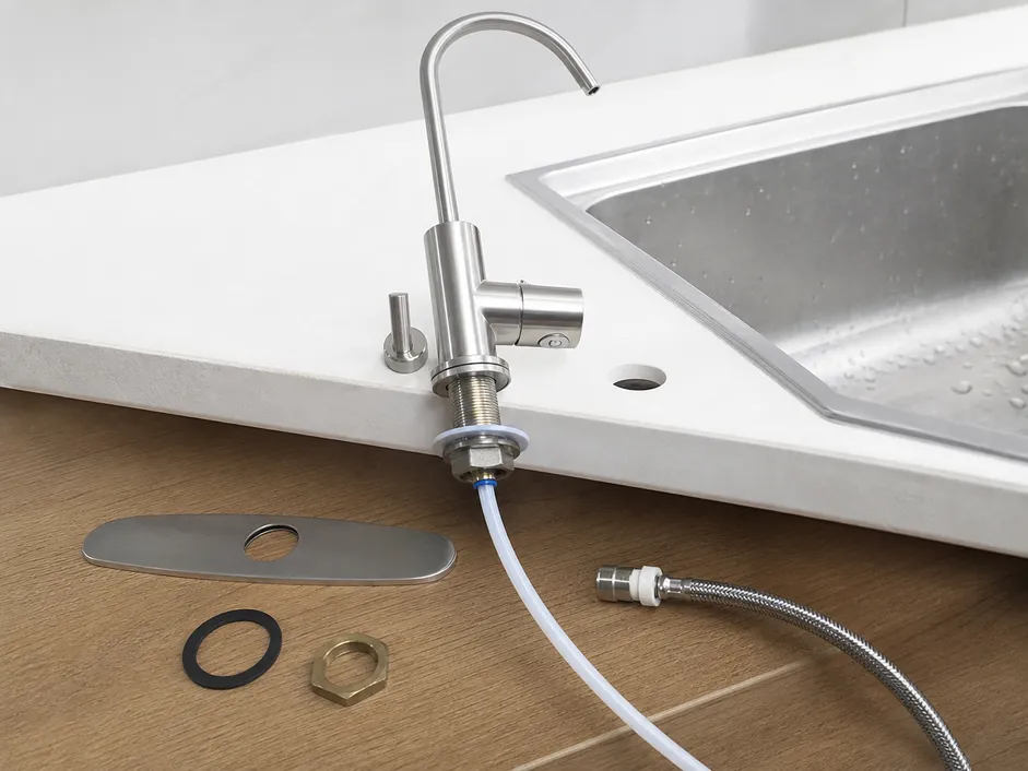 Drinking water faucet installation showing standard 35mm deck hole compatibility