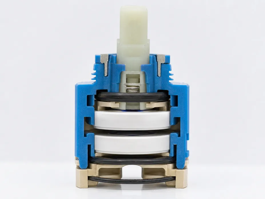 Ceramic disc cartridge cross-section showing seating surface tolerance for low-pressure drinking water faucet