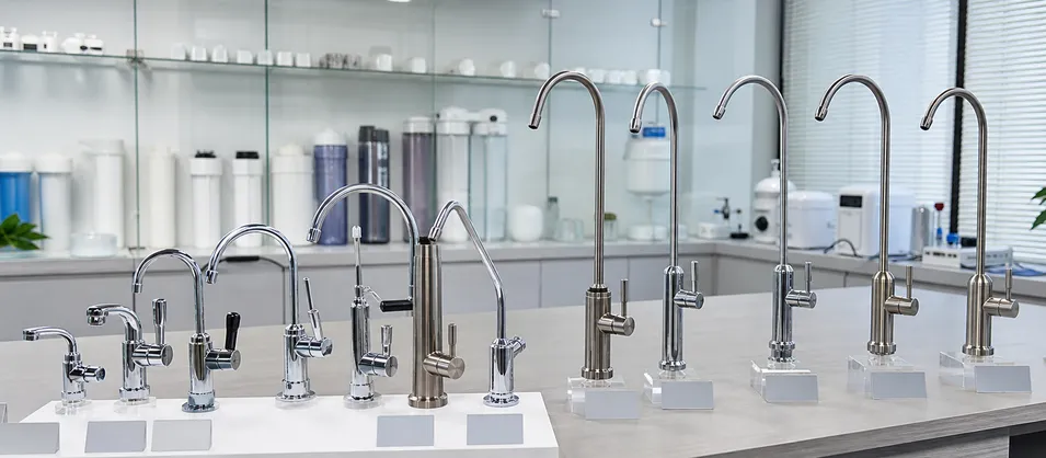 Water treatment distributor replacement parts catalog showing drinking water faucet SKU alongside RO faucet line
