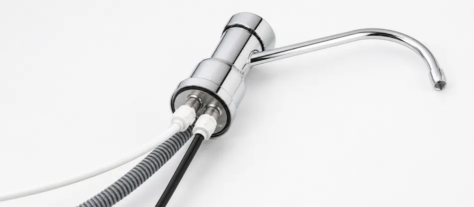 Air gap RO faucet showing three-port configuration with drain line and air gap channel