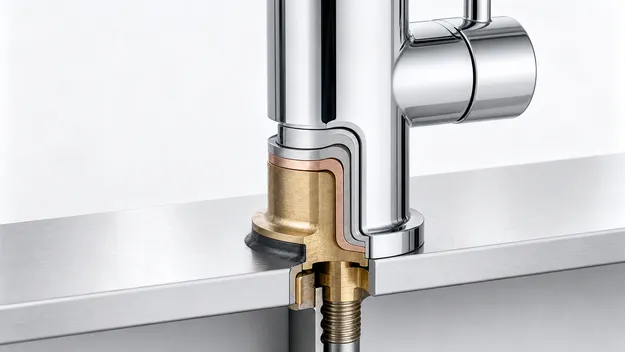 Cross-section showing copper-nickel-chrome plating stack at faucet base