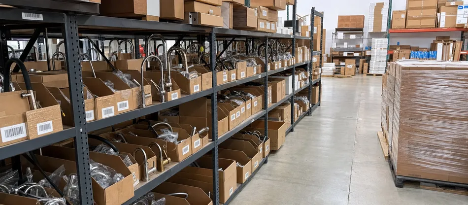 Water treatment distributor warehouse with filter faucet inventory