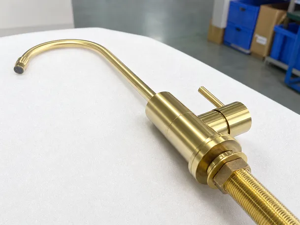 Non-air gap RO faucet body and spout detail showing brass construction and finish quality