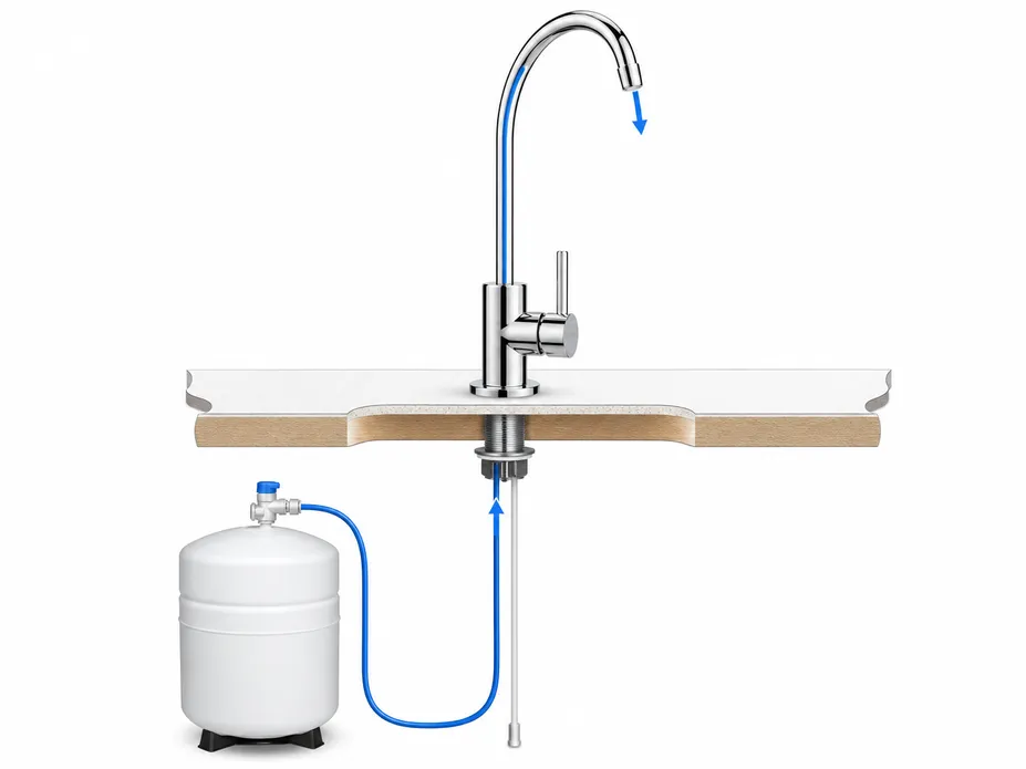 Diagram showing the two-port configuration of a non-air gap RO faucet — inlet from RO storage tank and spout outlet