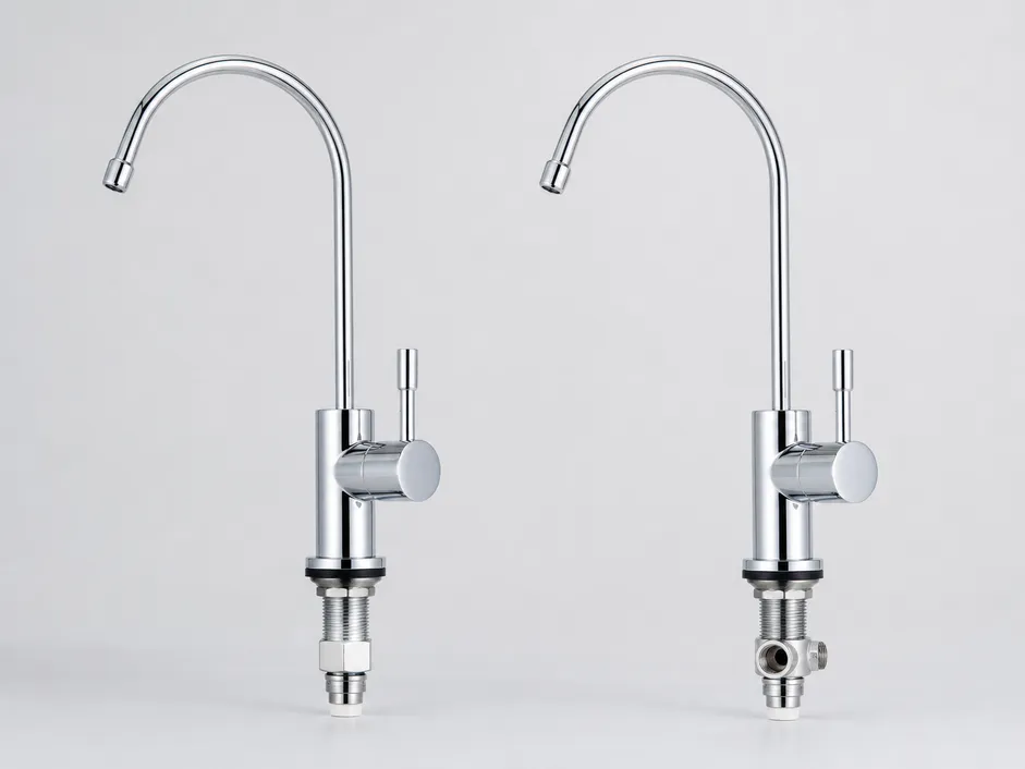 Non-air gap and air gap RO faucet variants side by side showing port configuration differences
