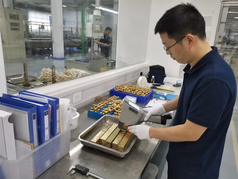 XRF analysis testing of brass batch for lead content compliance