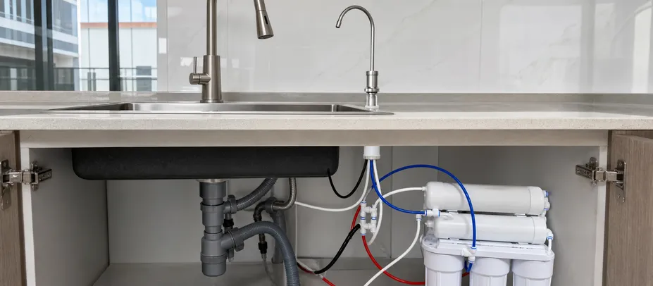 Air gap RO faucet showing three-port configuration with physical drain break