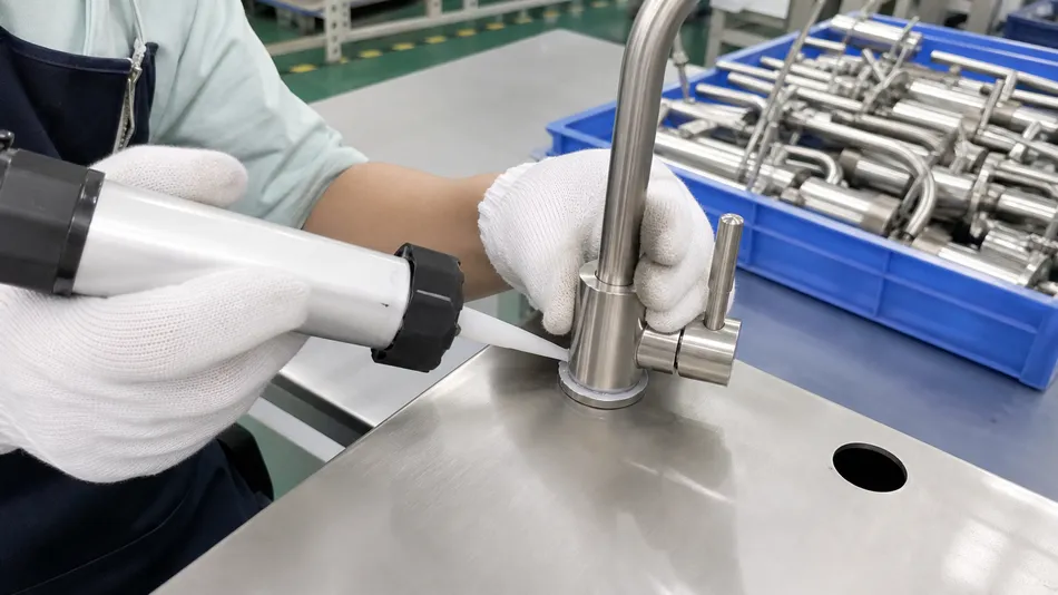 RO faucet base-to-deck sealant bead applied at assembly to prevent finish delamination