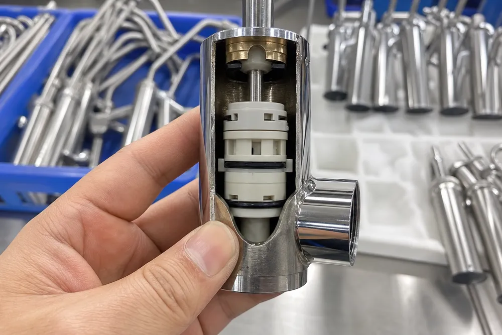 Low-pressure ceramic disc cartridge detail inside a reverse osmosis faucet body