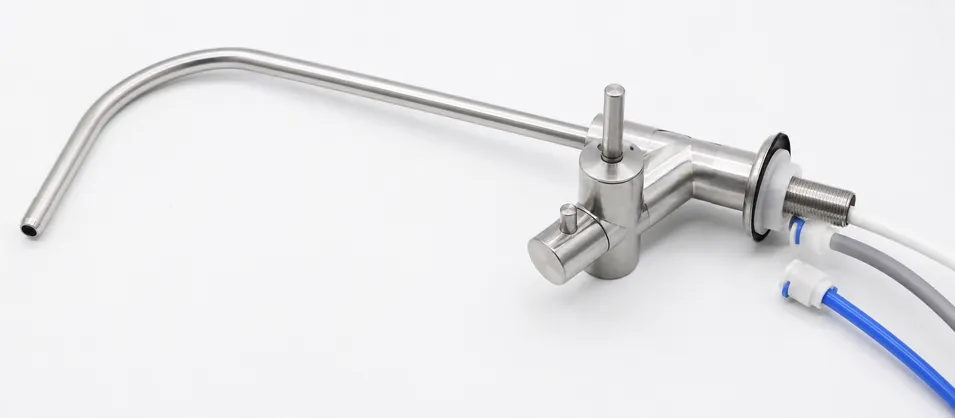 Air gap RO faucet showing three-port configuration with physical air break for backflow prevention