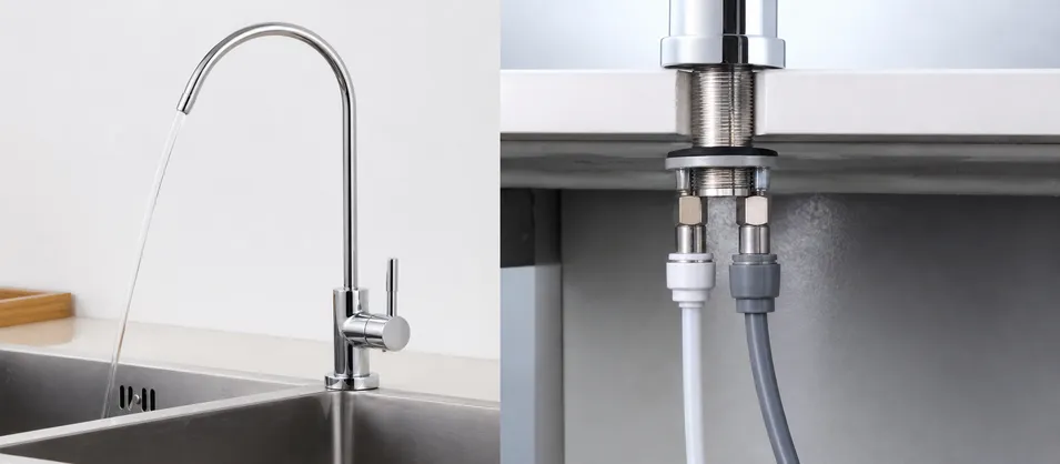 Non-air gap RO faucet showing two-port configuration — purified water supply and drain line