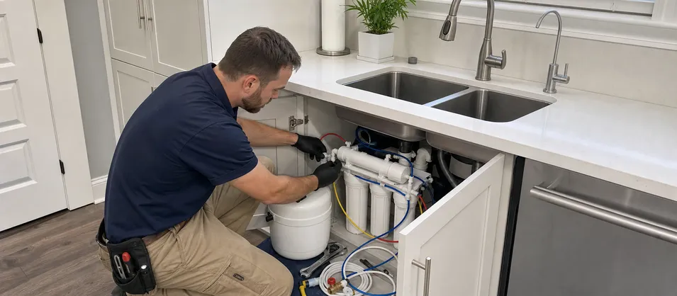 Plumbing and HVAC contractor installing RO system with compliant faucet
