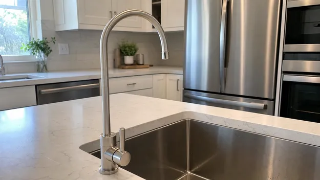 Stainless steel filter faucet in a premium residential kitchen with stainless appliances