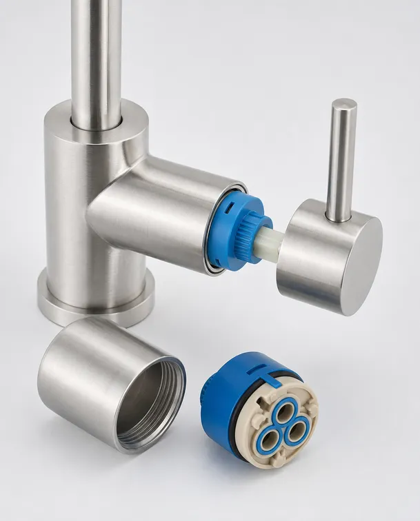 Stainless steel water filter faucet specification detail — ceramic disc cartridge and brushed finish