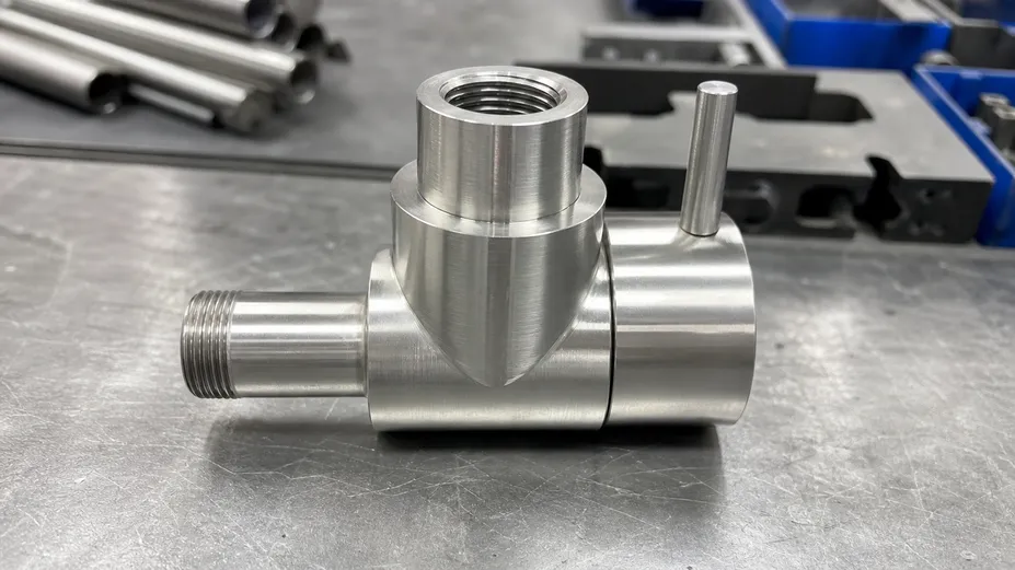 Machined 304 stainless steel faucet body showing brushed mechanical finish surface