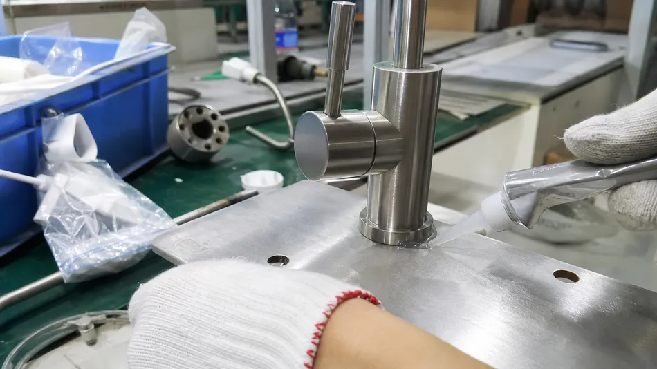 Under sink faucet base-to-deck seal assembly detail showing sealant bead application
