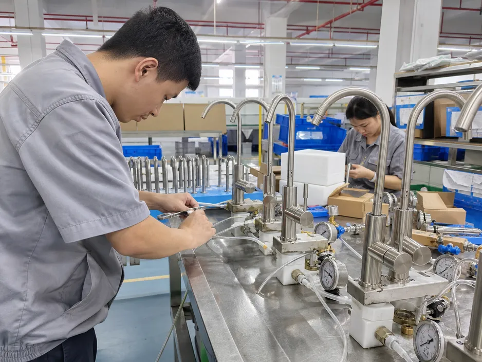 Faucet production facility showing quality control inspection of under sink water filter faucets