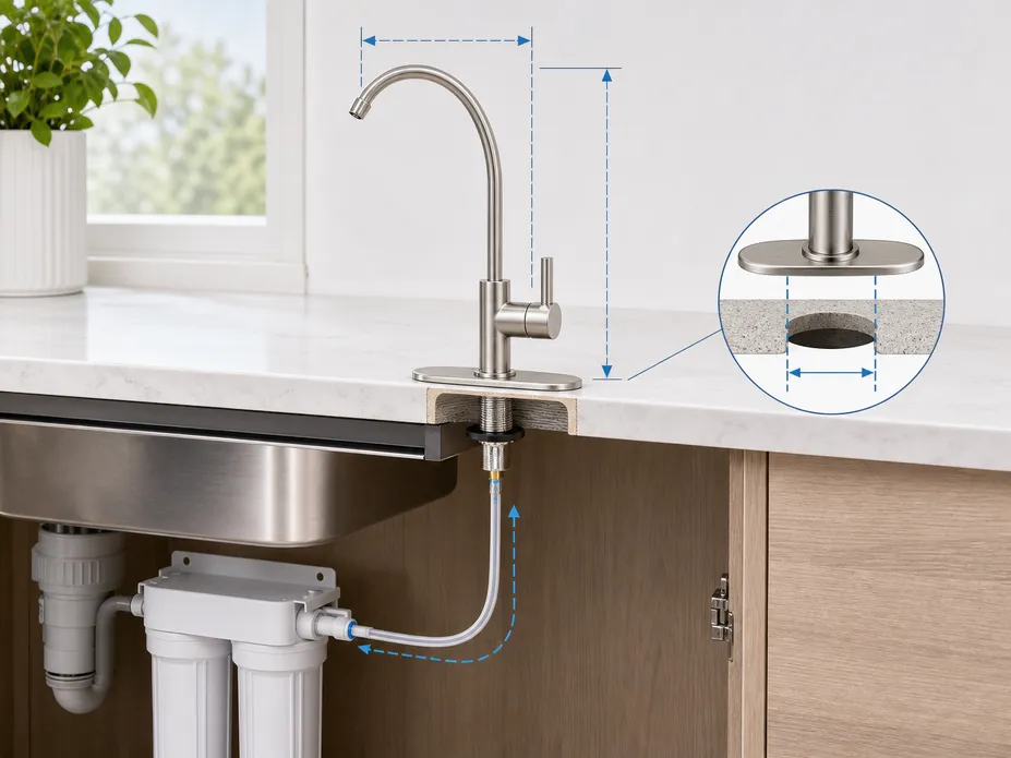 Under sink water filter faucet installation diagram showing supply tube routing and deck plate positioning
